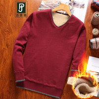吉普盾 毛衣男装韩版休闲V领加绒打底衫男 酒红 XL