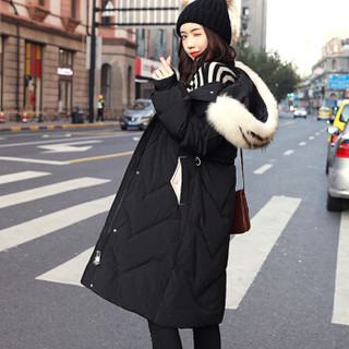 LAXJOY朗悦2018新款羽绒服女韩版中长款白鸭绒时尚修身女式冬季LWYR188T65黑色XL