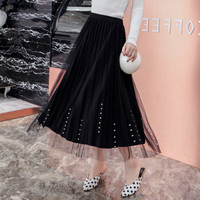 AUDDE 2019春季新款女装新品半身裙女韩版高腰钉珠长裙秋冬港味百褶网纱裙 cchJXY123 黑色 均码