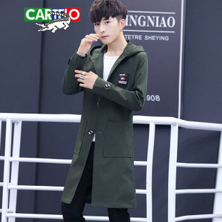 卡帝乐鳄鱼（CARTELO）风衣 男士青年潮流连帽中长款大衣外套B309-JK65军绿色XL