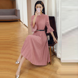 米兰茵（MILANYIN）女装 2019年春季X型拉链长袖荷叶袖圆领舒适修身纯色连衣裙 ML19049 皮粉色 M