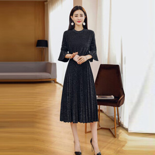 米兰茵（MILANYIN）女装 2019年春季X型拉链长袖荷叶袖圆领舒适修身纯色连衣裙 ML19049 黑色 L