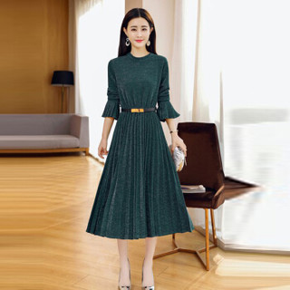 米兰茵（MILANYIN）女装 2019年春季X型拉链长袖荷叶袖圆领舒适修身纯色连衣裙 ML19049 绿色 XL