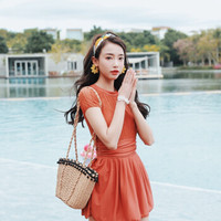 亦美珊 YI MEI SHAN 连体泳衣女性感小胸聚拢新款网红蕾丝短袖保守裙式温泉遮肚游泳衣 YMS188616 焦糖色 L
