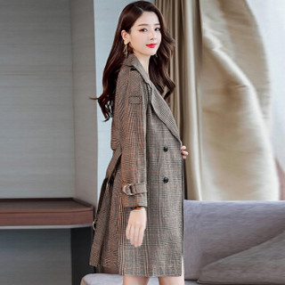米兰茵（MILANYIN）女装 2019年春季时尚潮流舒适简约个性中长款长袖格子风衣 ML19175 卡格 XL