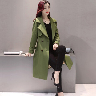 米兰茵（MILANYIN）女装 2019年春季时尚舒适简约个性修身中长款纯色长袖风衣 ML19188 军绿色 2XL