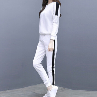 MAX WAY  女装 2019年春季新款韩版潮学生宽松圆领长袖显瘦跑步服卫衣两件套 MWYH090 白色 M