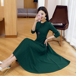 米兰茵（MILANYIN）女装 2019年春季圆领长袖长裙拉链X型舒适修身纯色连衣裙 ML19052 绿色 L