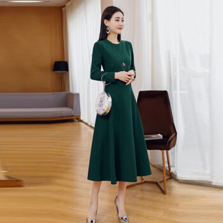 米兰茵（MILANYIN）女装 2019年春季圆领长袖长裙拉链X型舒适修身纯色连衣裙 ML19052 绿色 L