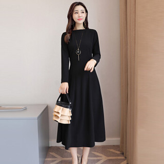 米兰茵（MILANYIN）女装 2019年春季圆领长袖长裙拉链X型舒适修身纯色连衣裙 ML19052 黑色 XL