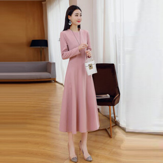 米兰茵（MILANYIN）女装 2019年春季圆领长袖长裙拉链X型舒适修身纯色连衣裙 ML19052 皮粉色 XL