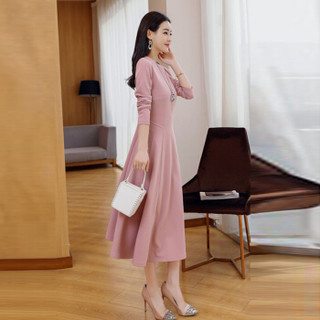 米兰茵（MILANYIN）女装 2019年春季圆领长袖长裙拉链X型舒适修身纯色连衣裙 ML19052 皮粉色 2XL