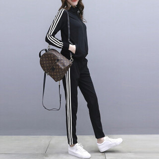 MAX WAY 女装 2019年春季新款韩版显瘦修身跑步卫衣拉链外套两件套 MWYH088 黑色+黑裤 XXL