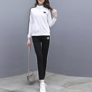 MAX WAY 女装 2019年春季新款韩版显瘦修身跑步卫衣拉链外套两件套 MWYH088 白色+黑裤 XXL