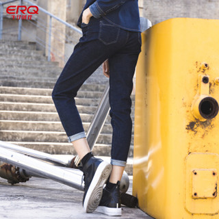 ERQ女士牛仔裤2019春新款高腰窄脚休闲弹力显瘦紧身小脚长裤子 深蓝色 30