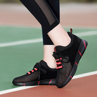 古奇天伦（GUCIHEAVEN）女士 韩版平底休闲百搭运动跑步鞋 8995-2 黑红色（网面透气款） 37
