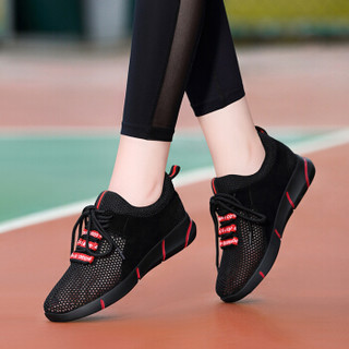 古奇天伦（GUCIHEAVEN）女士 韩版平底休闲百搭运动跑步鞋 8995-2 黑红色（网面透气款） 34