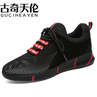 古奇天伦（GUCIHEAVEN）女士 韩版平底休闲百搭运动跑步鞋 8995-2 黑红色（网面透气款） 34