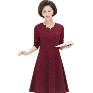 维迩旎 2019春季新款女装新品中老年女装妈妈装纯色连衣裙女 MMYL2301 红色 XL