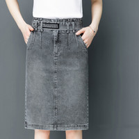 BANDALY 2019夏季新品女装半身裙松紧腰牛仔女中长款高腰a字大码修身包臀短裙 HZDF111-787 788烟灰色 31