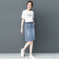 BANDALY 2019夏季新品女装半身裙牛仔裙高腰开叉弹力松紧腰a字半身裙 HZDF111-788 浅蓝色 30