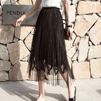 薇图（vitto）女装 2019年夏季百褶高腰网纱A字裙仙女中长款百搭半身裙 xbVT515 黑色 均码