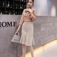 薇图（vitto）女装 2019年夏季高腰中长款不规则包臀纯色鱼尾半身裙xbVT509 杏色 L