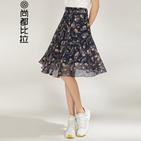 尚都比拉（Sentubila） 高腰显瘦印花雪纺裙2019新品时尚通勤 191Q0324684 藏蓝底花色 L