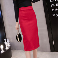 新薇丽（Sum Rayleigh）过膝中长款半身裙 2019春季新款韩版显瘦高腰包臀后开叉一步裙 GGSS3300 红色 2XL