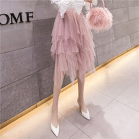 HMDIME 不规则网纱裙女 2019春夏新款 纱裙松紧腰中长款蛋糕裙半身裙 GGSS1828 粉色 L