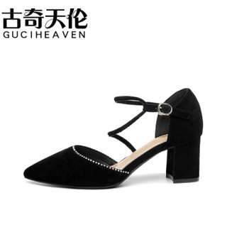 古奇天伦 GUCIHEAVEN 尖头粗跟一字式扣带百搭纯色防水台女凉鞋 9279 黑色 39