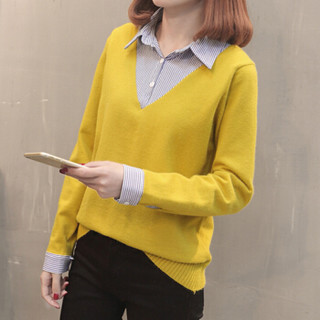 亚瑟魔衣针织衫韩版女士毛衣短款针织假两件衬衫领打底衫SH-18-69 黄色 均码