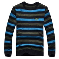 吉普盾 针织衫男士圆领条纹毛衣男装商务休闲针织衫 D9306 黑色 2XL