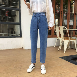 米兰茵（MILANYIN）女装 2019新款韩版宽松bf显瘦百搭扣在直筒牛仔裤 MLYH298 蓝色 M
