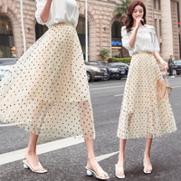 AUDDE 2019春季新款女装新品半身裙女百搭气质甜美A字波点网纱蕾丝中长款裙子 zx1549-816 杏色 S