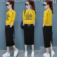 AUDDE 2019春季新款女装新品半身裙女时尚休闲套装裙子韩版套头卫衣洋气两件套 HZ2888-9007TZ 黄色 XL