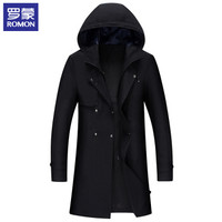 罗蒙(ROMON)风衣男 春秋新款连帽舒适修身商务休闲中长款外套男装 9JK941902 黑色 190