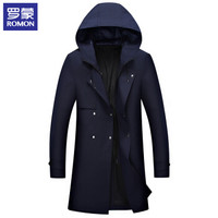 罗蒙(ROMON)风衣男 春秋新款连帽舒适修身商务休闲中长款外套男装 9JK941902 藏青 190