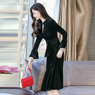 米兰茵（MILANYIN）女装 2019年春季纯色圆领套头单件长袖中长款X型荷叶袖连衣裙 ML19050 黑色 2XL
