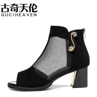 古奇天伦 GUCIHEAVEN 女士鱼嘴粗跟后拉链纯色防水台凉鞋 9382 黑色 40