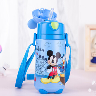 迪士尼（Disney）保温杯儿童带吸管304不锈钢婴儿水杯男女学生幼儿园宝宝背带水壶防摔便携杯子蓝色米奇440ml