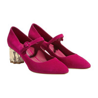 Salvatore Ferragamo 菲拉格慕 经典款女士花朵造型鞋跟紫红色羊皮革玛丽珍鞋 0715405_1D _ 85