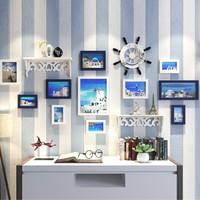 亮丽（SPLENDID）照片墙 相框 11框蓝白款送海舵+置物架 地中海装饰立体墙贴画框 卧室客厅餐厅 组合背景