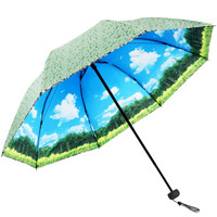 天堂伞 （UPF50+）双层碰击黑胶复古小花三折太阳伞晴雨伞31819E绿色