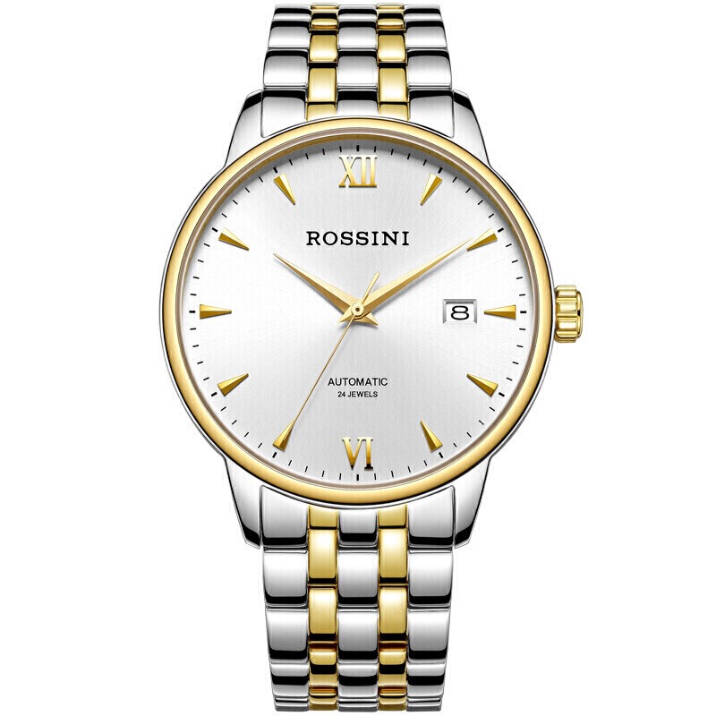 ROSSINI 罗西尼 手表男自动机械表白盘钢带生日礼物送男友国表商务日历 517773