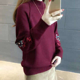亚瑟魔衣针织衫女装套头宽松上衣刺绣花袖毛衣SH-6001 紫红色 均码