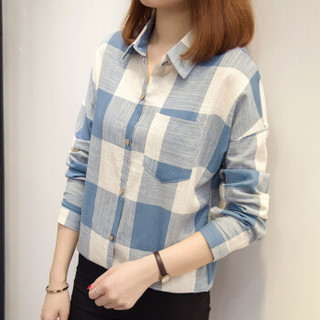 朗悦女装 新款韩版宽松格子长袖衬衫学生休闲上衣 LWCC181523 浅蓝色 M