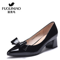 富贵鸟（FUGUINIAO）头层牛皮时尚粗跟高跟鞋工作鞋套脚单鞋F76G621-1 黑色 37
