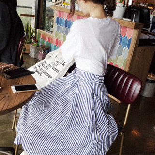 朗悦女装 短袖连衣裙2019夏季新款韩版T恤女+中长款条纹A字半身裙两件套套装裙 LWQZ185227 白色 XL