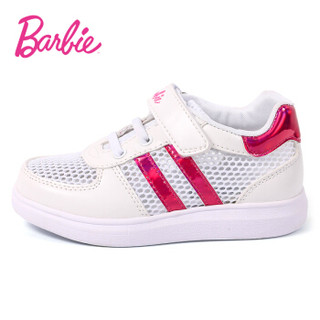 芭比 BARBIE 夏季女童运动鞋 女童网鞋小白鞋 单网儿童运动鞋 1852 白色/桃红 35码实测内长约22.0cm